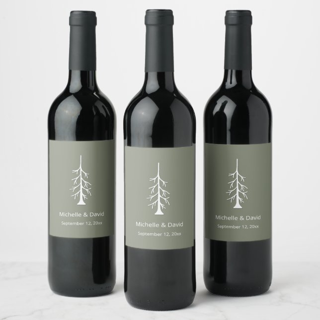 Rustic Pine Tree Sage Green Casual Wedding  Wine Label (Bottles)
