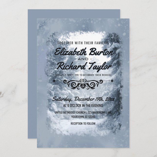 Rustic Pine Trees Blue Winter Wonderland Wedding Invitation (Front/Back)