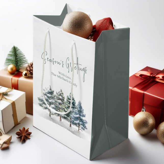Rustic Pine Trees Christmas Personalised  Medium Gift Bag (Holiday custom gift bag with watercolor pine trees.)