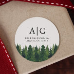 Rustic Pine Trees Custom Return Address Classic Round Sticker<br><div class="desc">Watercolor rustic pine trees custom return address stickers. Customisable</div>