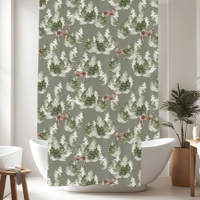 Rustic Pine Trees Deer Pattern Shower Curtain (Creator Uploaded)