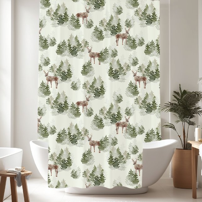 Rustic Pine Trees Deer Pattern Shower Curtain (Creator Uploaded)