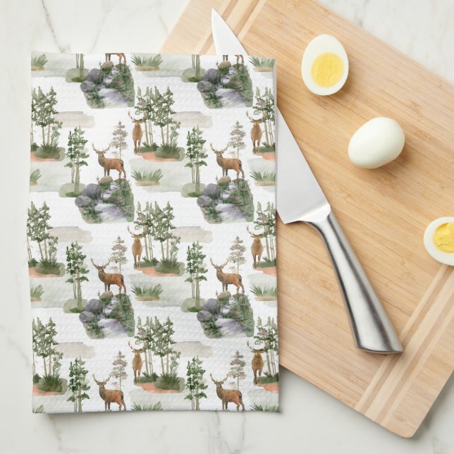 Rustic Pine Trees Deer Tea Towel (Quarter Fold)