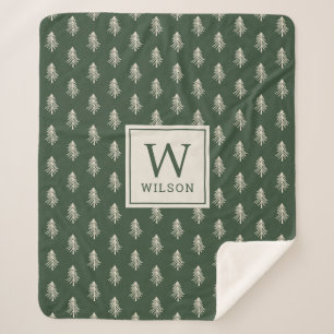 Rustic Pine Trees Family Name Monogram Christmas Sherpa Blanket