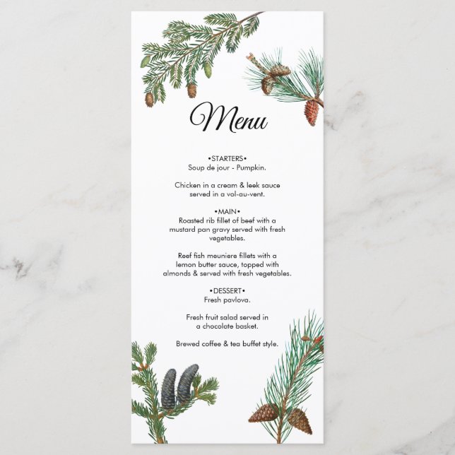 Rustic Pine Trees Forest Greenery Wedding  Menu (Front)