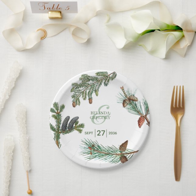 Rustic Pine Trees Forest Greenery Wedding  Paper Plate (Wedding)