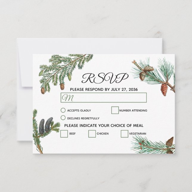 Rustic Pine Trees Forest Greenery Wedding RSVP Card (Front)