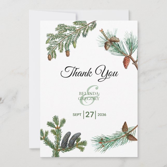 Rustic Pine Trees Forest Greenery Wedding  Thank You Card (Front)