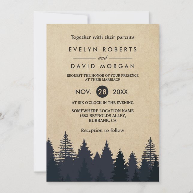 Rustic Pine Trees Kraft Winter Wedding Invitation (Front)