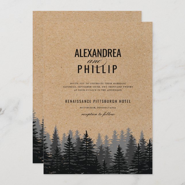 Rustic Pine Trees Kraft Winter Wedding Invitation (Front/Back)