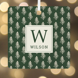 Rustic Pine Trees Monogram Christmas Photo Metal Tree Decoration
