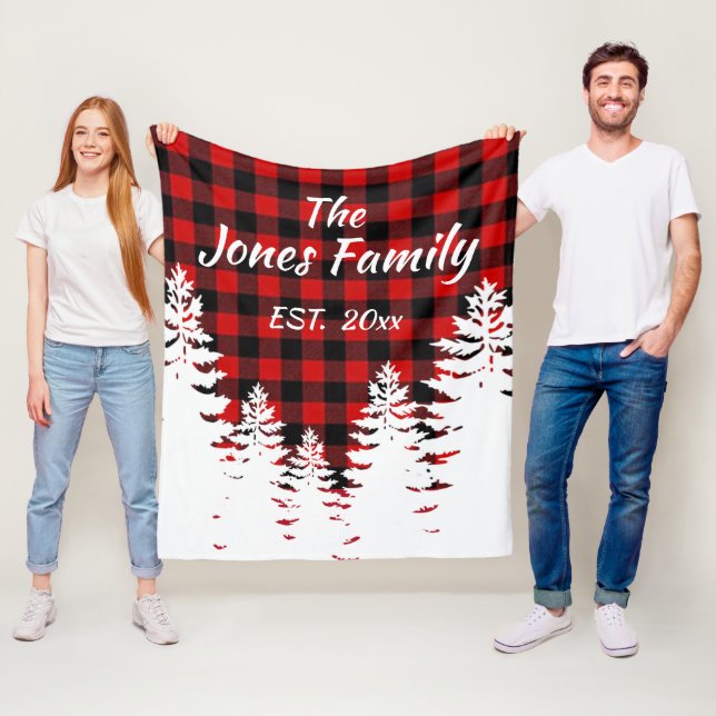 Rustic pine trees red black buffalo plaid     fleece blanket (In Situ)