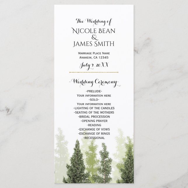 Rustic Pine Trees Simple Country Wedding Program (Front)