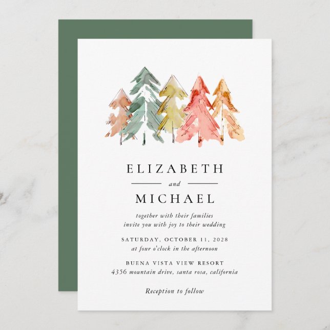 Rustic Pine Trees Watercolor Invitation (Front/Back)