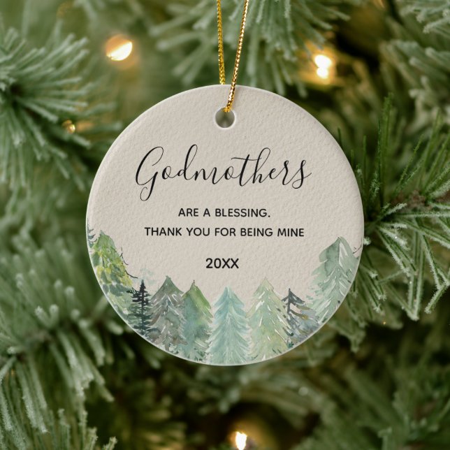 Rustic Pine Trees Winter Forest Godmothers Ceramic Ornament (Tree)