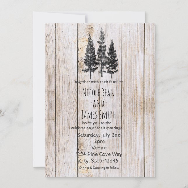 Rustic Pine Trees Wooden Simple Country Wedding Invitation (Front)