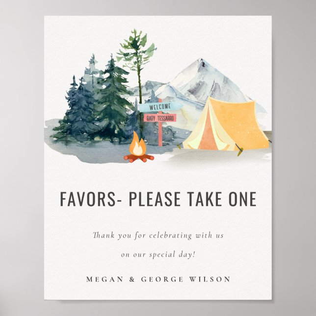 Rustic Pine Woods Camping Favours Baby Shower Sign (Front)