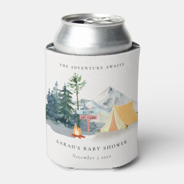 Rustic Pine Woods Camping Mountain Baby Shower Can Cooler (Can Front)
