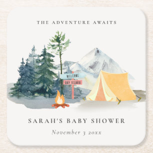 Rustic Pine Woods Camping Mountain Baby Shower Square Paper Coaster