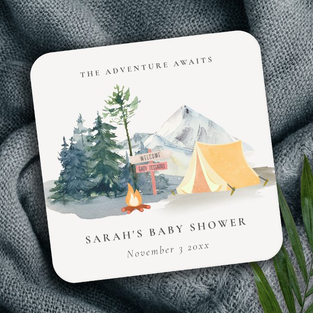 Rustic Pine Woods Camping Mountain Baby Shower Square Paper Coaster (Creator Uploaded)