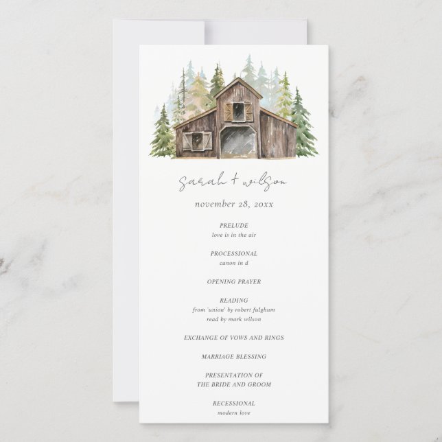 Rustic Pine Woods Forest Barnyard Wedding Program (Front)