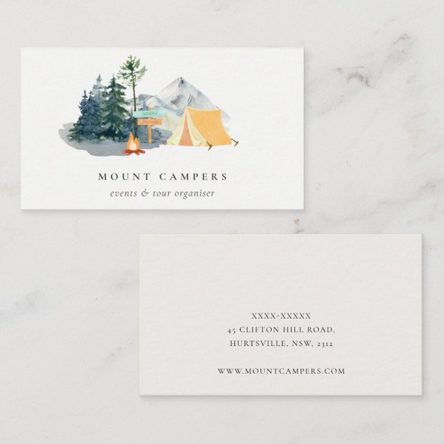 Rustic Pine Woods Watercolor Camping Mountain Camp Business Card (Front/Back)