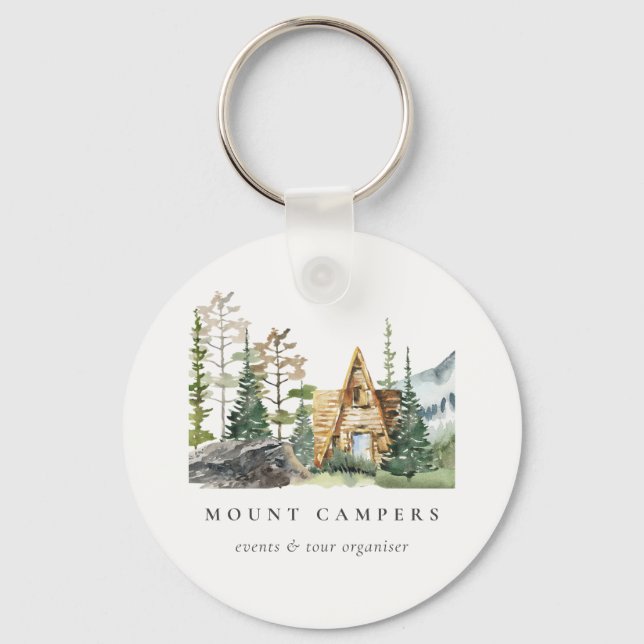 Rustic Pine Woods Watercolor Camping Mountain Camp Key Ring (Front)