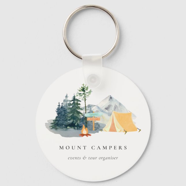 Rustic Pine Woods Watercolor Camping Mountain Camp Key Ring (Front)