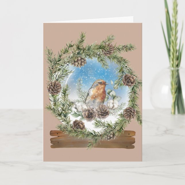Rustic Pine Wreath and Bird Snow Globe Christmas Card (Front)