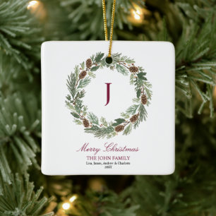 Rustic Pine Wreath Christmas Ceramic Ornament