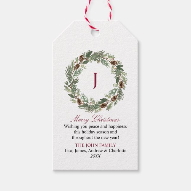 Rustic Pine Wreath Christmas Gift Tags (Front)