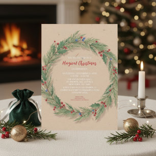 Rustic Pine Wreath Christmas Holiday Party Invitation