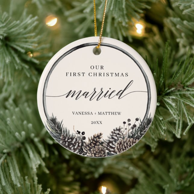 Rustic Pine Wreath First Christmas Married Ceramic Ornament (Tree)