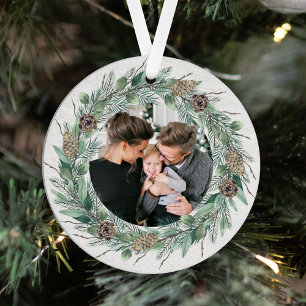 Rustic Pine Wreath Merry Christmas Family Photo Metal Tree Decoration