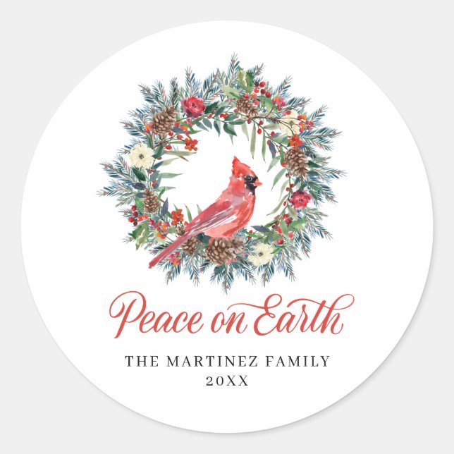 Rustic Pine Wreath Red Cardinal Christmas Classic Round Sticker (Front)