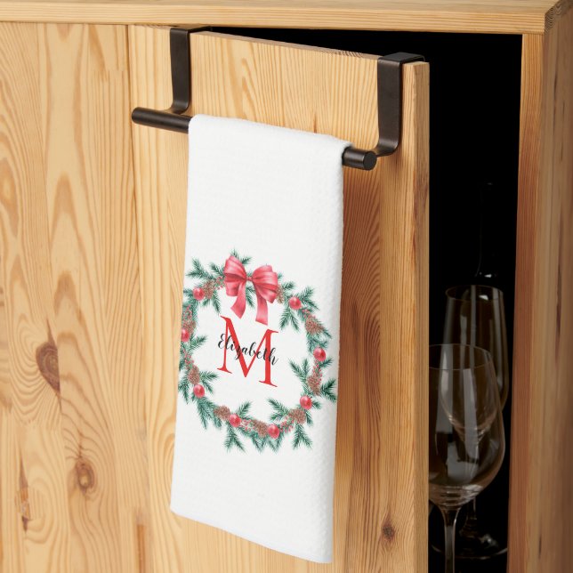Rustic Pinecone | Bauble Christmas Wreath Monogram Tea Towel (Thirds Fold)