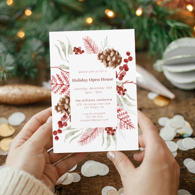 Rustic Pinecone & Berry Holiday Open House Invitation (Creator Uploaded)