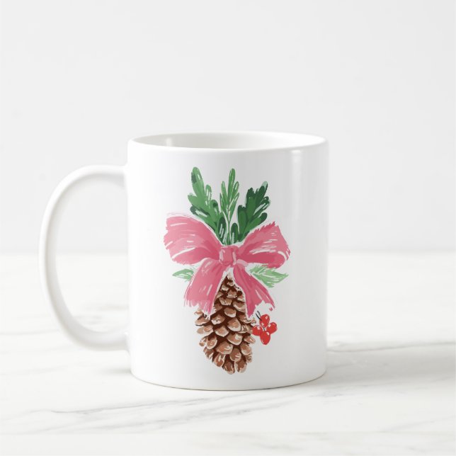 Rustic Pinecone Christmas Mug with Red Bow (Left)