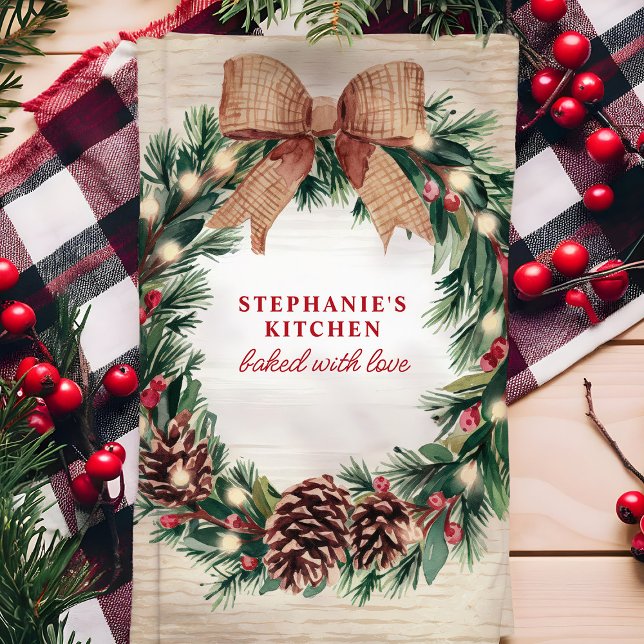 Rustic Pinecone Christmas Wreath Personalised Tea Towel (Creator Uploaded)