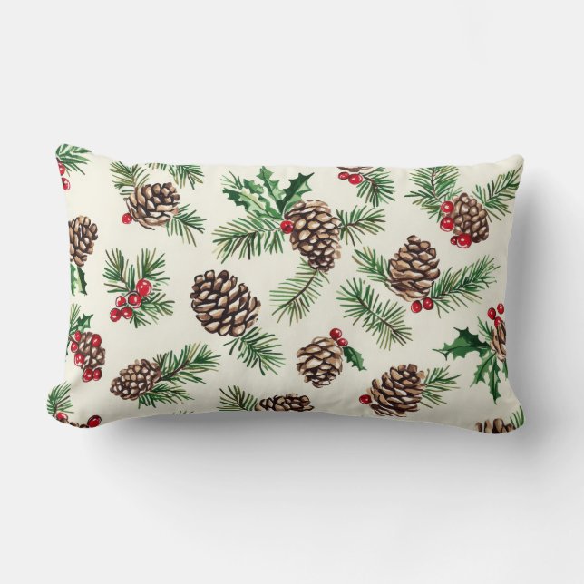 Rustic Pinecone & Holly Christmas Throw Pillow (Front)