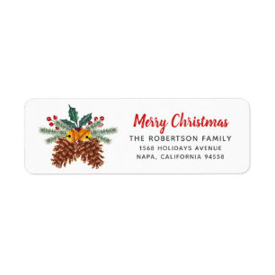 Rustic Pinecone Holly Merry Christmas Family Return Address Label