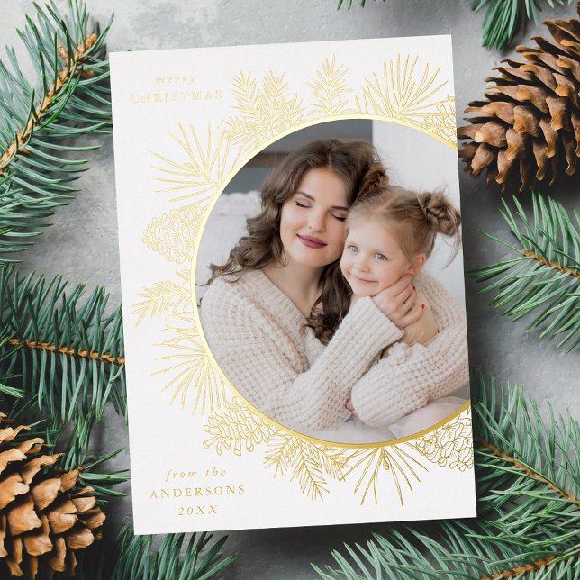 Rustic Pinecone Photo Foil Holiday Card (Creator Uploaded)