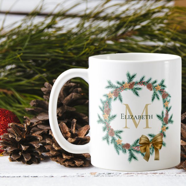 Rustic Pinecone | Stars Christmas Wreath Monogram Coffee Mug (Creator Uploaded)
