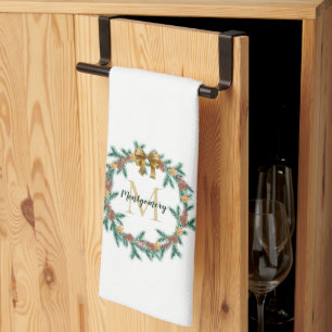 Rustic Pinecone   Stars Christmas Wreath Monogram Tea Towel