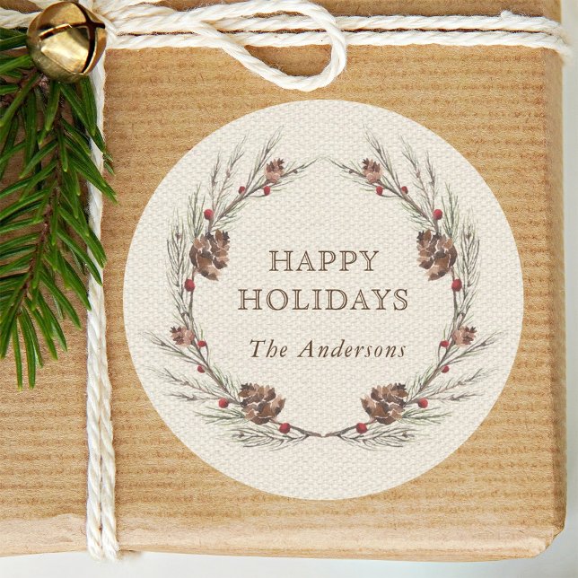 Rustic Pinecone Wreath Christmas Holiday Classic Round Sticker (Creator Uploaded)