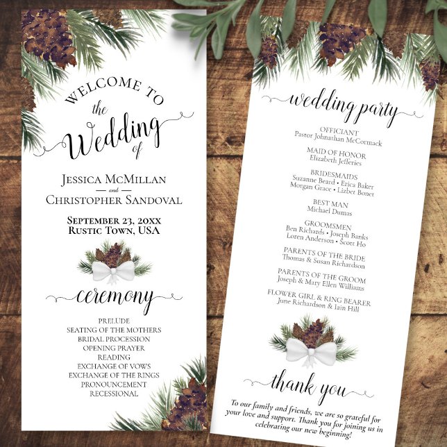Rustic Pinecones and Pine Branches Elegant Wedding Program (Front/Back)