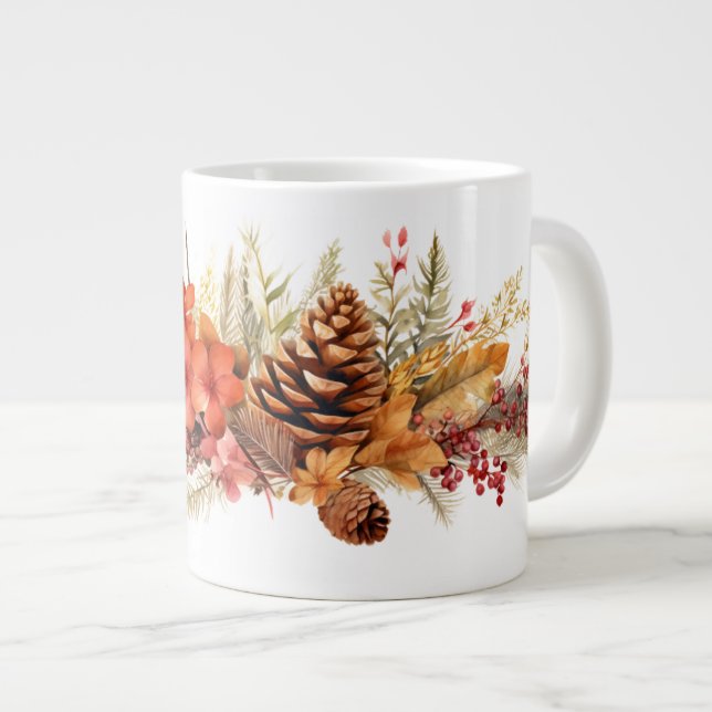 Rustic Pinecones, Autumn Leaves & Winter Berries Large Coffee Mug (Front Right)