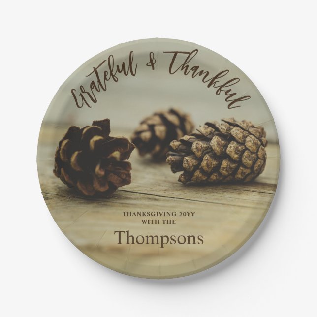 Rustic Pinecones Custom Family Name Thanksgiving Paper Plate (Front)