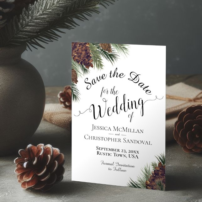 Rustic Pinecones Elegant Calligraphy Wedding Save The Date (Creator Uploaded)