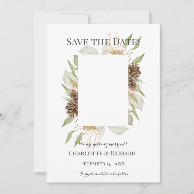 Rustic Pinecones Engagement Photo Save the Date (Front)